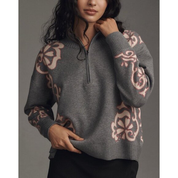 Anthropologie Sweaters - Anthropologie Montana Mock Neck Sweater Maeve Half Zip Up Grey Pink Womens XS
